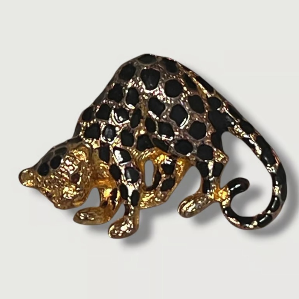 Vtg Park Lane Leopard Brooch Pin Pendant Gold Tone Black Enamel Red Rhinestone